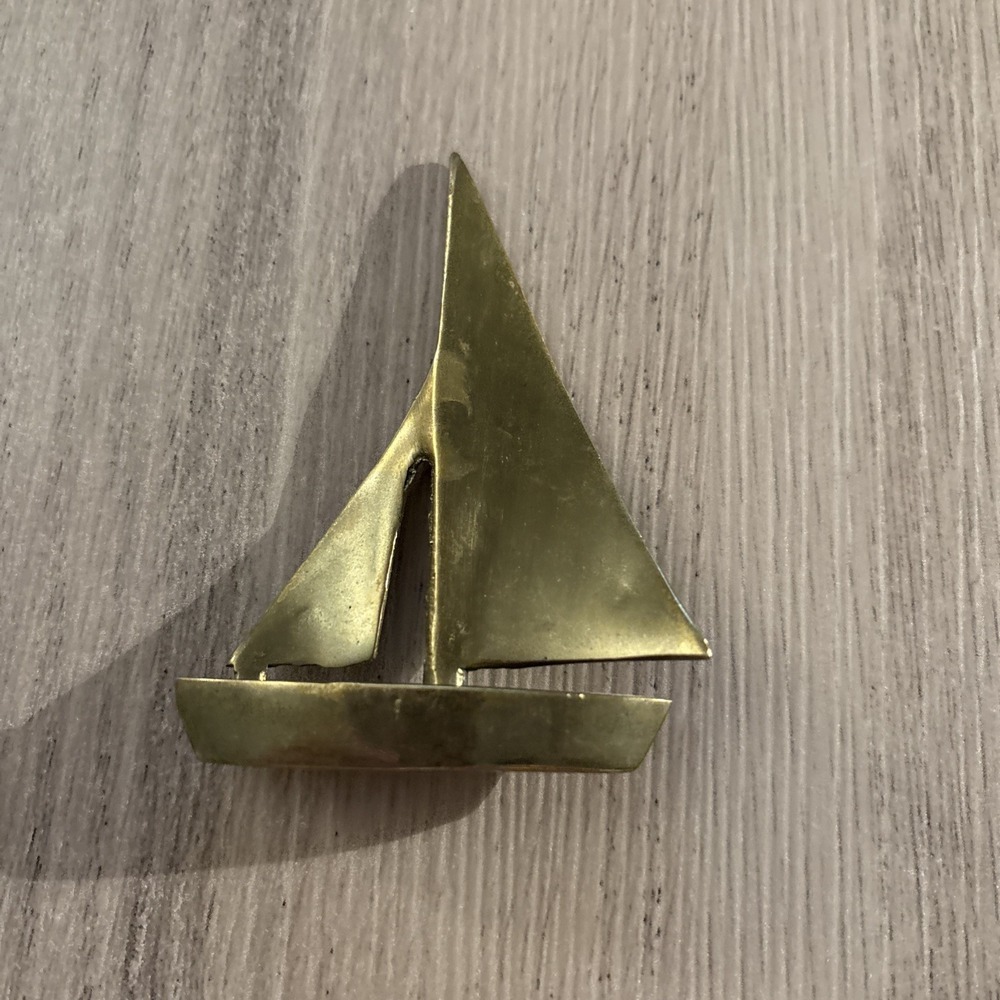 Vintage Decor Brass Sailboat Sailing Sculpture Nautical Patina Metal Shiny 3.5”